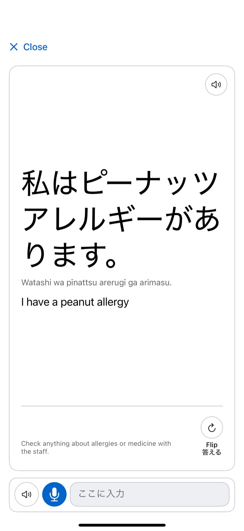 Watashi's Show card: 私はピーナッツアレルギーがあります in large Japanese, with its romaji and I have a peanut allergy underneath